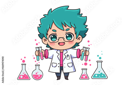 Cartoon scientist with blue hair holding test tubes beakers nearby