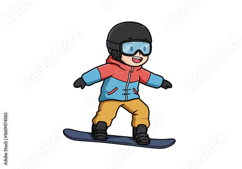 Cartoon shows a snowboarder in a helmet jacket and goggles enjoying the sport