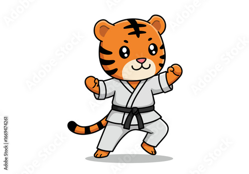 Cartoon tiger in a white karate gi posing in a martial arts stance