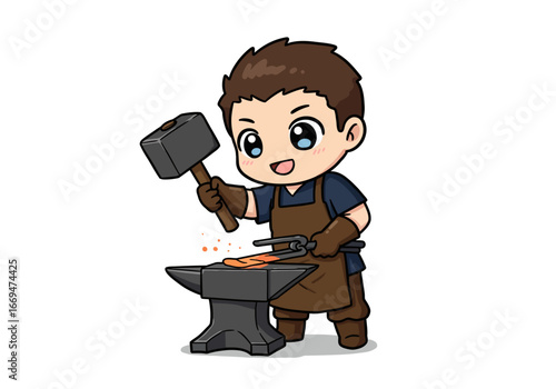 Chibi blacksmith working with hammer on anvil forging metal