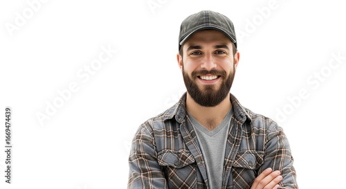 A closeup portrait of a handsome young man with a happy expression, wearing a black cap