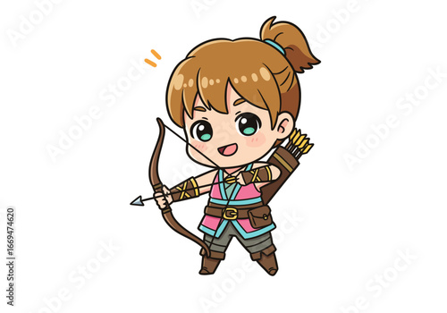 Chibistyle archer character drawing with a bow arrow quiver pink shirt and tan pants