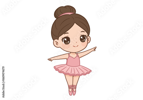Cute ballerina character in pink tutu with brown hair in a bun in a ballet pose