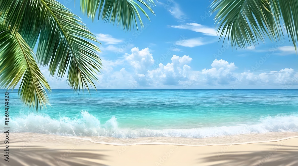 Obraz premium Palm trees frame a sunny beach with blue ocean waves.