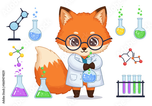 Fox scientist in lab coat holds beaker surrounded by flasks tests and molecules