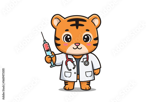 Tiger cartoon doctor with a syringe wearing a white coat and stethoscope