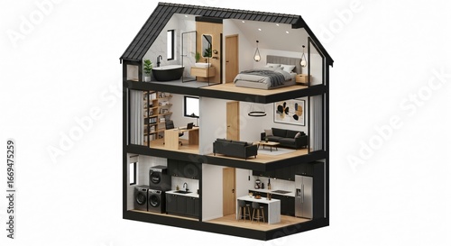 Modern home interior design with three floors, showcasing stylish living