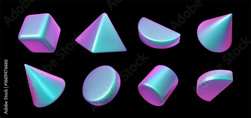 Neon holographic geometric shape set. Vector abstract 3d hologram icons. Metallic pearlescent effect