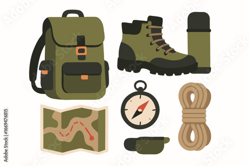 hiking backpack boots rope compass map and bowl for outdoor adventure travel