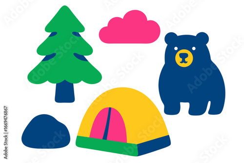 a colorful illustration of a bear standing next to a tent and tree in a natural landscape with a pink cloud