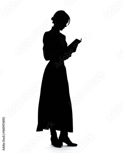 silhouette black on white of an adult woman reading a book, standing, in a long skirt and blouse and boots