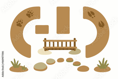 A serene garden pathway leads to a wooden bench surrounded by lush greenery and decorative stones in a peaceful outdoor setting with a symbolic animal track archway