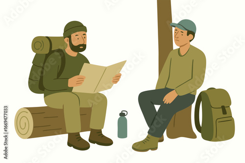two hikers take a break sitting on tree stumps looking at a map in the woods