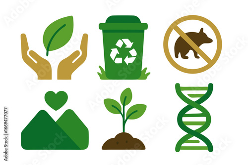 eco friendly icons including hands holding leaf recycling symbol mountains with heart seedling dna double helix protecting endangered species