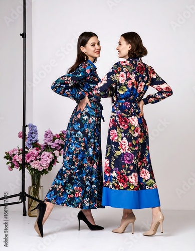 Two women in floral print midi dresses