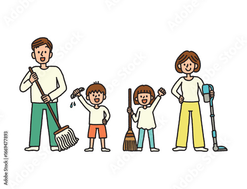 掃除　家族　親子　子供　掃除道具　イラスト　セット