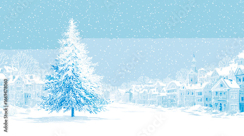 Snow-covered landscape with a blue sky and frosty trees in winter  