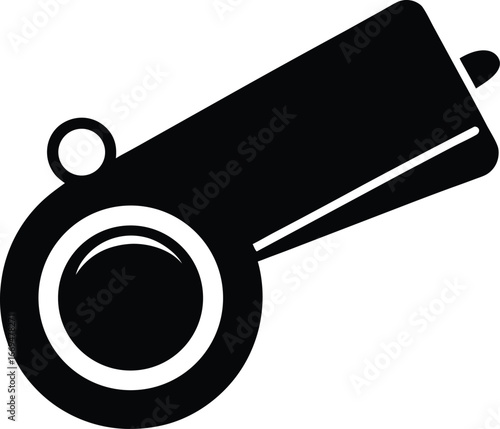 Black whistle icon, referee whistle symbol, sports illustration, vector graphics