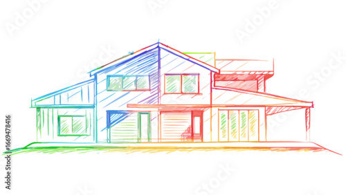 Dream home design sketch, vibrant architectural concept art, modern house with vibrant rainbow colors, creative real estate visualization, cheerful residence plan, stylish building