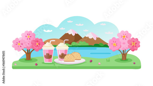 Enjoying peaceful spring picnic by the lake with pink blossoms and delicious treats, a beautiful getaway, perfect for spring season marketing and social media, originally a scalable vector graphic