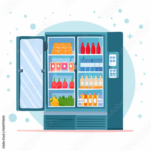 Flat vector supermarket icons. Includes shopping cart, self-checkout machine, supermarket building, barcode scanner, fresh produce section, cashier counter, discount tag, eco bag, frozen food