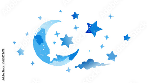 Dreamy blue crescent moon with twinkling stars and fluffy cloud, perfect for a whimsical night sky design or children's illustration, evokes peaceful bedtime stories and sweet dreams