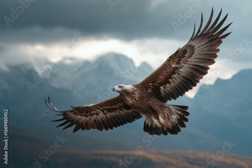 Wallpaper Mural Majestic eagle soars through the cloudy sky over rugged mountain landscape at dusk, showcasing its powerful wingspan and natural grace Torontodigital.ca
