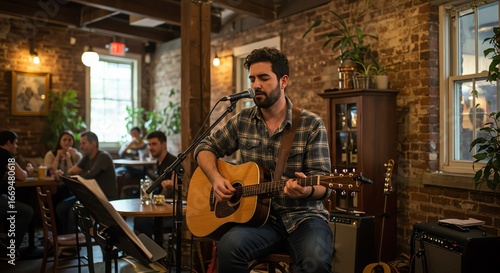 Man playing acoustic guitar in a brick bar