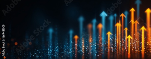 Digital background with glowing arrows on dark blue and orange gradient symbolizing technology business growth and progress.