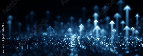 Digital background with glowing arrows pointing upwards on dark blue light track symbolizing technology progress and growth.