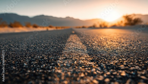Asphalt road at sunset, close up