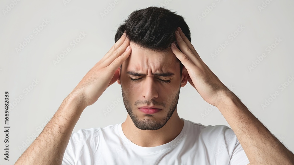 Naklejka premium Discomfort Captured: Authentic Man with Headache Expression – Furrowed Brow, Tense Jaw, One Hand Gently Pressing Against His Temples, Eyes Partially Squinted to Ease Sensitivity,