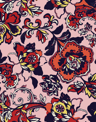 Big flowers pattern, upscale floral pattern. graphical textures floral, trendy colors pattern , flowers background with leaves. vector illustration