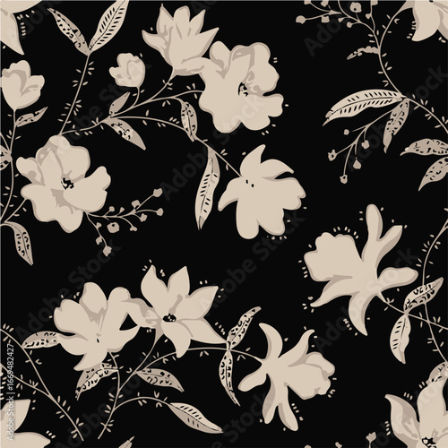 Big flowers pattern, upscale floral pattern. graphical textures floral, trendy colors pattern , flowers background with leaves. vector illustration