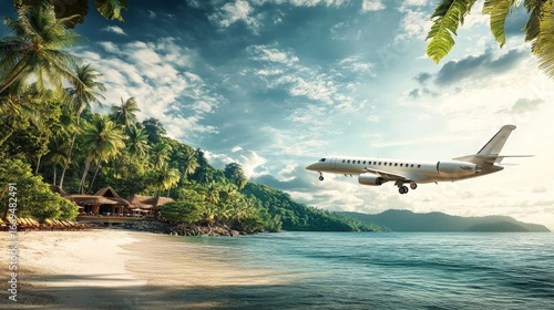 Wallpaper Mural A plane lands at a sunny beach resort. The jet flies over the ocean and rainforest. It's a summer scene of travel, vacation, and tourism.
 Torontodigital.ca