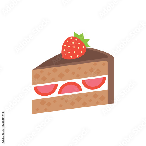 Strawberry Cake Slice Vector. Delicious Dessert Icon with Chocolate and Fruit Topping Illustration