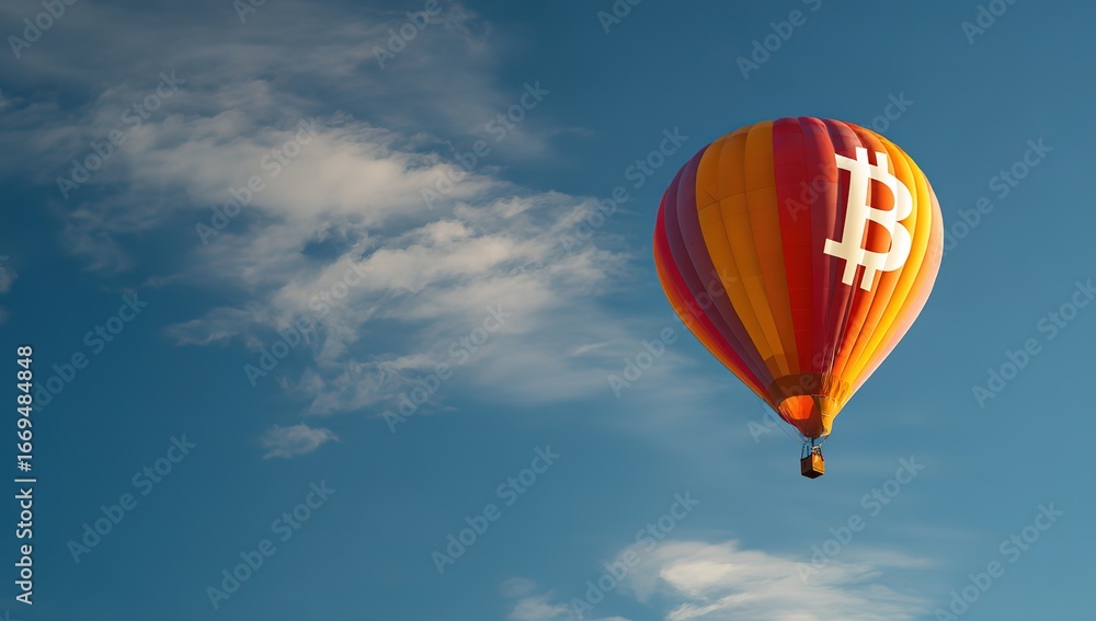 Naklejka premium a hot air balloon with the Bitcoin symbol floating in the blue sky, symbolizing market movement for digital currency