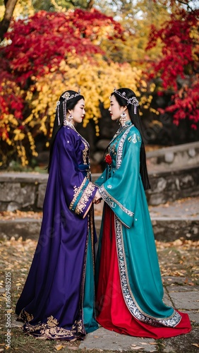 Two women in traditional Chinese attire, autumn park