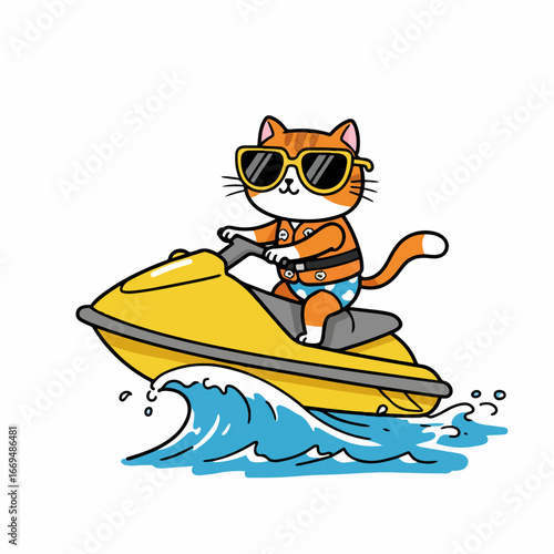 orange cat wearing sunglasses riding a jet ski with a calm face
