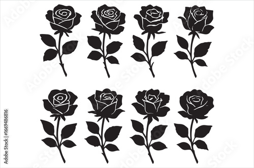 Set of Beautiful black rose flower silhouette with leaves design - rose icon or symbol Vector illustration bundle  with a white background