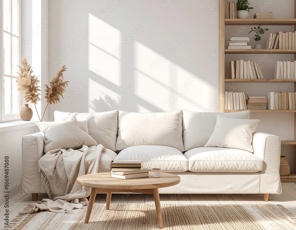 Fototapeta premium Living room with beige sofa, bookshelves, and Scandinavian minimalist interior in warm daylight.