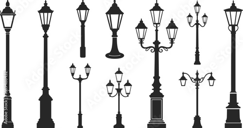 Set of classic vintage street lamp silhouettes, elegant outdoor lighting, decorative iron lampposts, black isolated vector icons, old-fashioned urban light design collection.