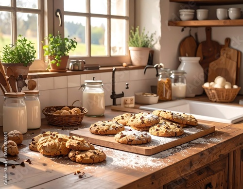Rustic kitchen counter with fresh baked cookies and milk in cozy natural light.