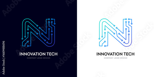 N letter futuristic logo design with electric line for tech brand corporate identity. Title tech management typographic circuit vector. Innovation technology modern network letter company typo design.