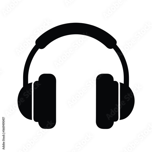 Black headphone icon, music symbol, audio equipment, sound accessory