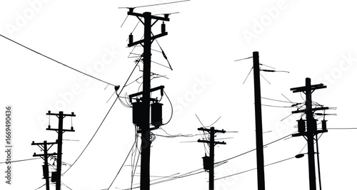 Silhouette of urban electrical utility poles with transformers and messy wiring, representing power distribution, infrastructure, electricity network, and energy transmission systems.