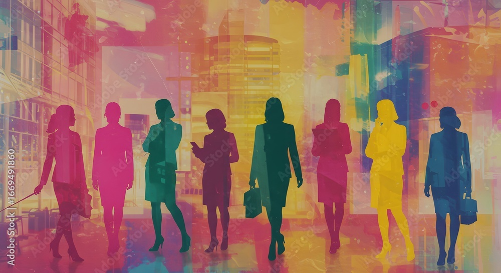 Naklejka premium Empowering Women Silhouette Figures in a Colorful Cityscape