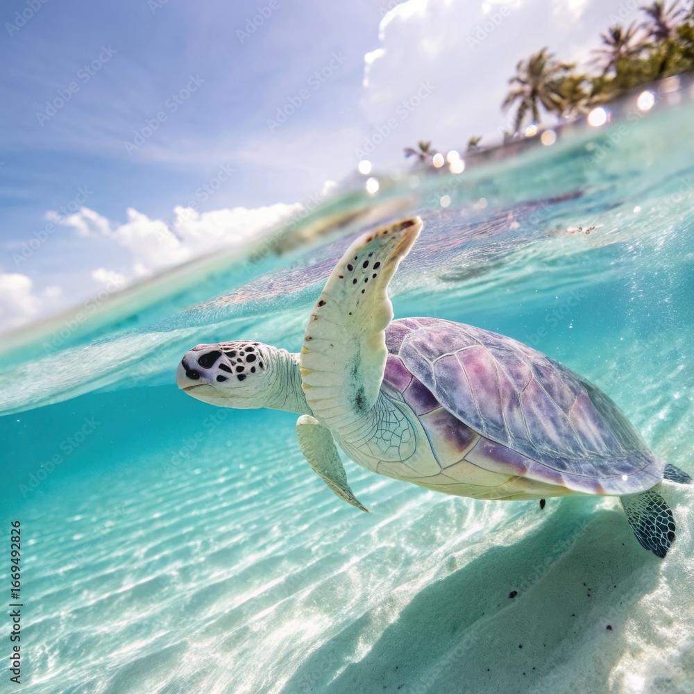 Fototapeta premium Majestic albino sea turtle glides through crystal clear tropical waters under sunny skies