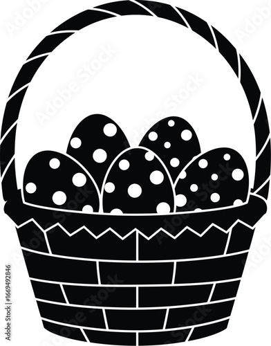 Easter Basket Silhouette with Polka Dot Eggs, Simple Black Vector Icon