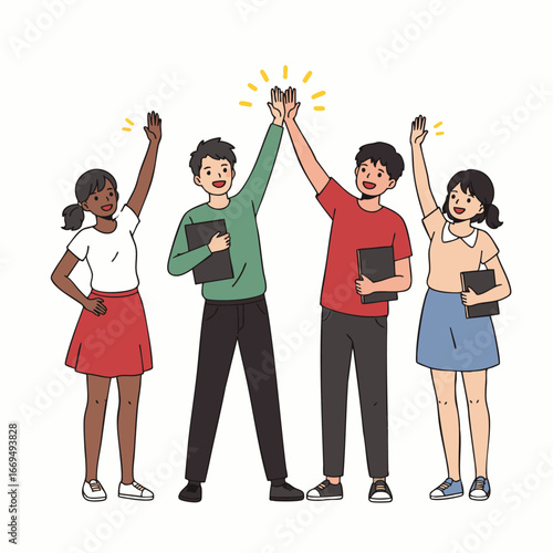 Diverse young team members joyfully celebrate a significant collaborative achievement with enthusiastic high-fives, symbolizing unity and shared triumph.